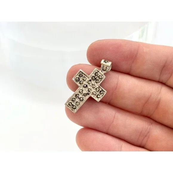 Cross Shaped Marcasite Accented Geometric Sterling Silver 925 Vintage Pendant - Picture 4 of 9